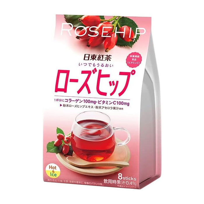 三井農林]日東 いつでもうるおいローズヒップ 8袋入りx1個(粉末スティック コラーゲン ビタミンC配合 ホット アイス) - 健康エクスプレス